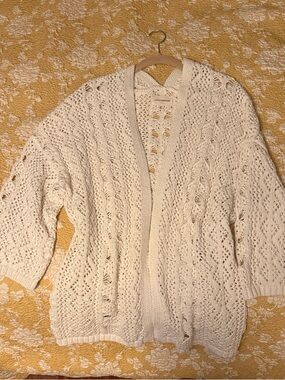 Lucky Brand Ivory Open Knit Cardigan Size Medium Boho Crochet Sweater